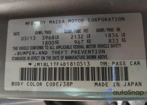 2013 Mazda Mazda3 I Sv z USA, uszkodzony, nr VIN JM1BL1TF4D1810513